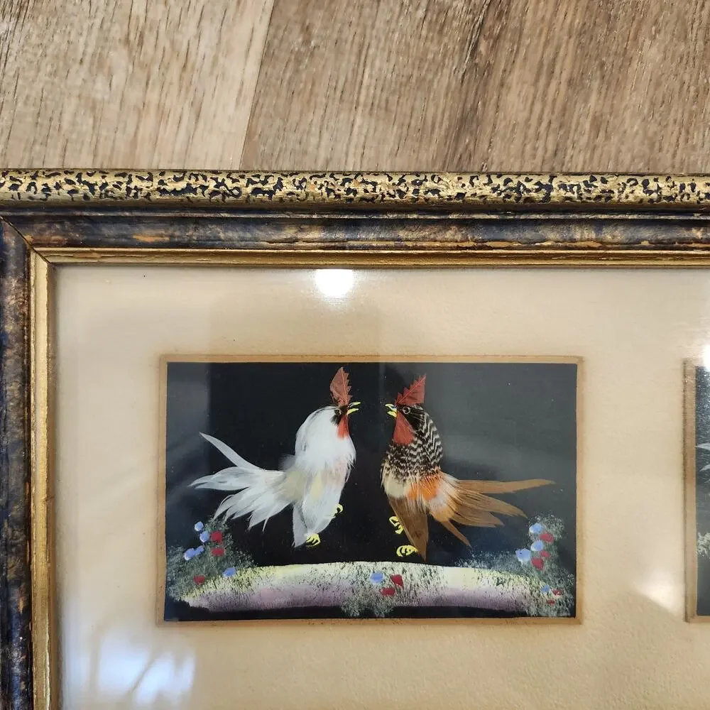 Vtg Mexican Feather Folk Art Rooster Cockfighting Scene Framed Wall Decor